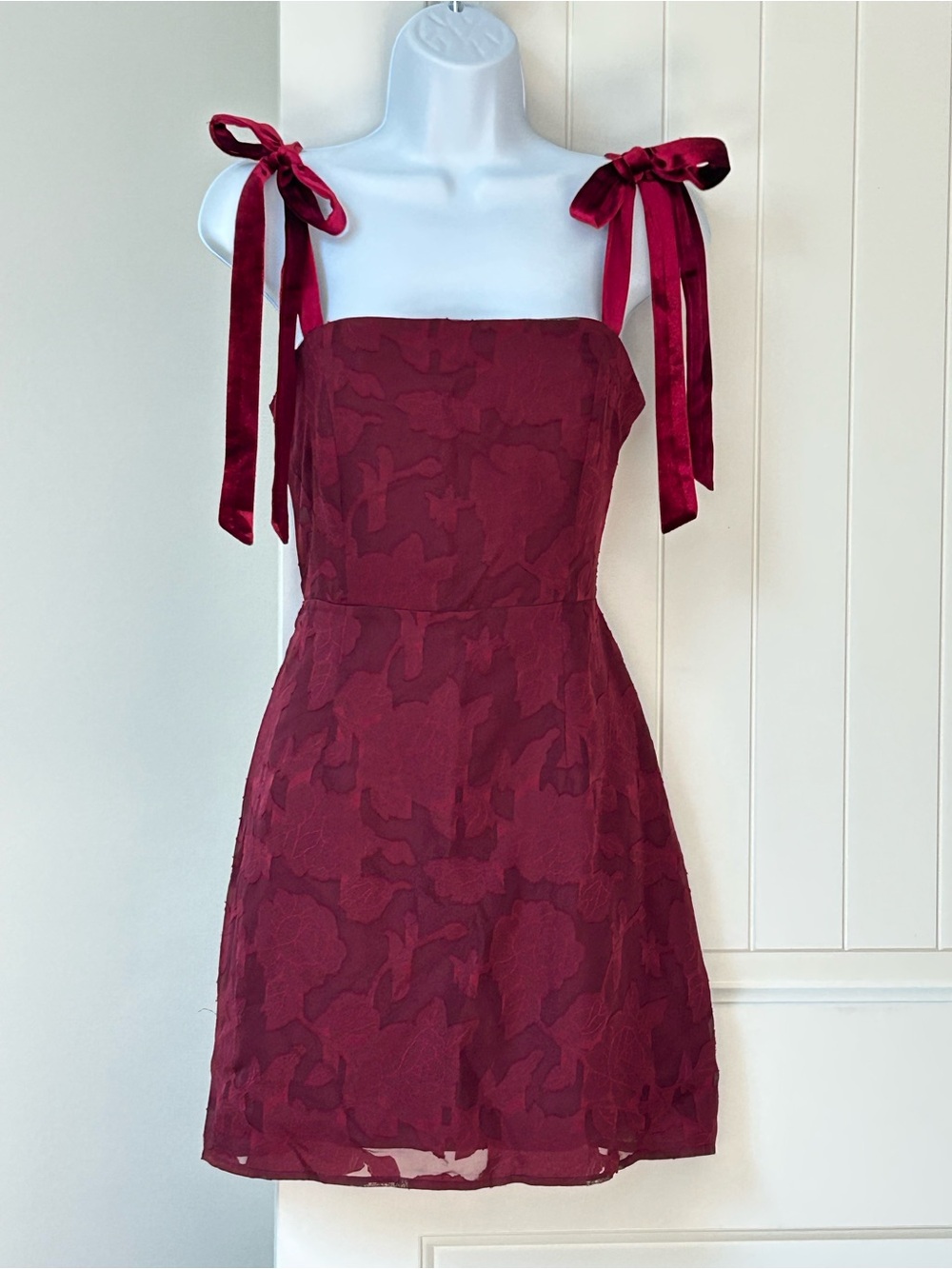 Burgundy Velvet Bow Sheer Floral Jacquard Mini Dress Homecoming XS